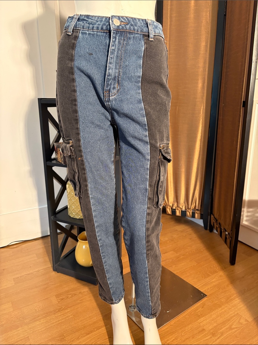 Two-Tone Blue and Charcoal Cargo Jeans - Women
